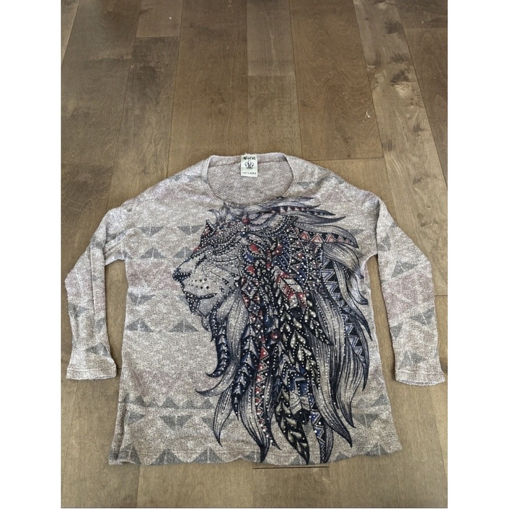 Vocal Floral Lion Headdress Lightweight Knit Pullover Sweater Women's Small Gray